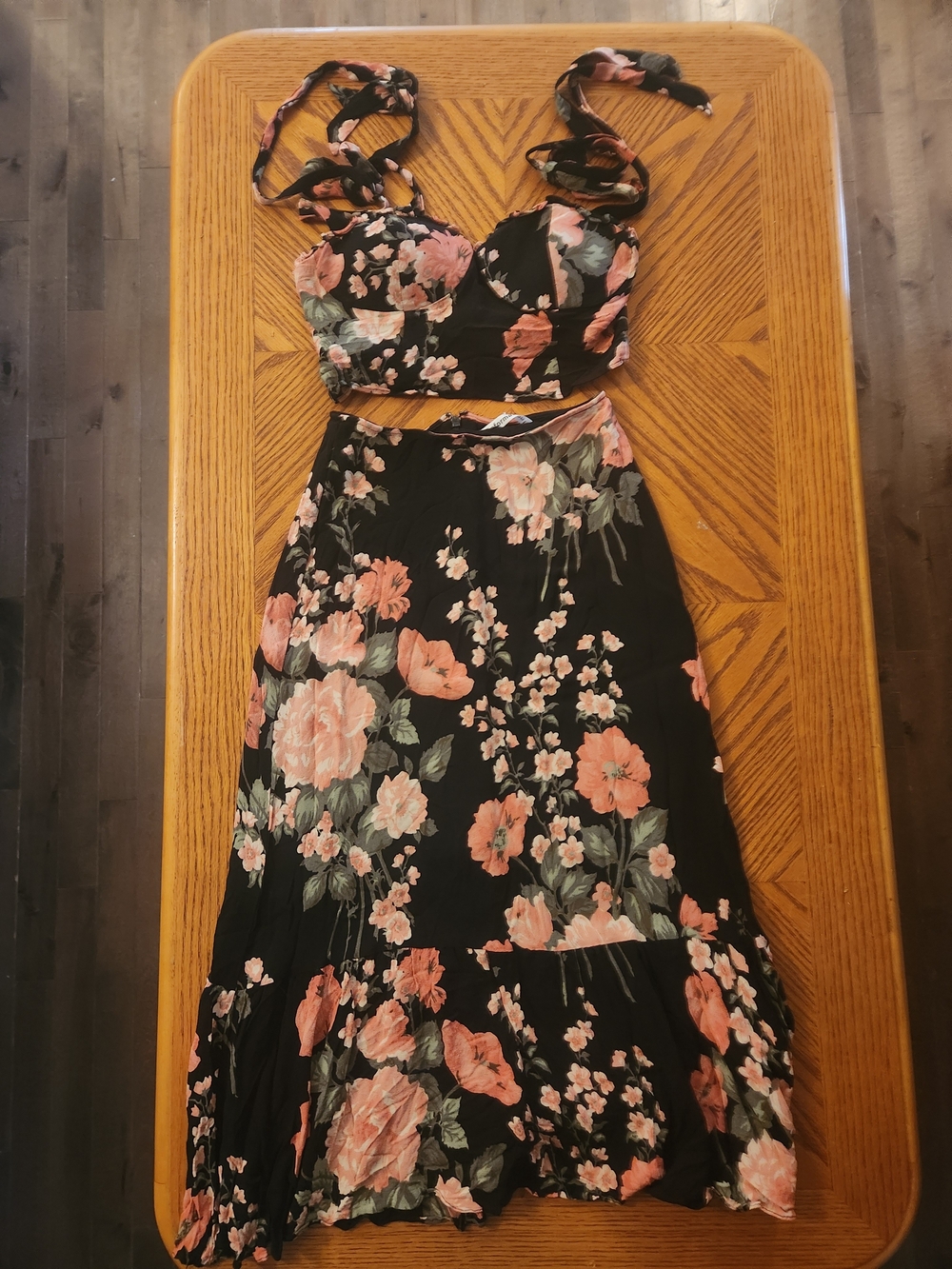 Reformation Black Maxi Skirt with Pink & Green Floral Print